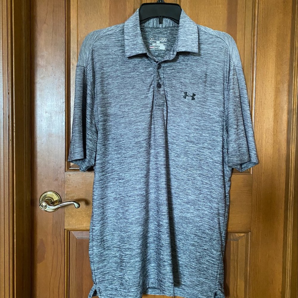 Under Armour Gray w/Black Short Sleeve Golf Polo Shirt Medium Loose Fit heatgear